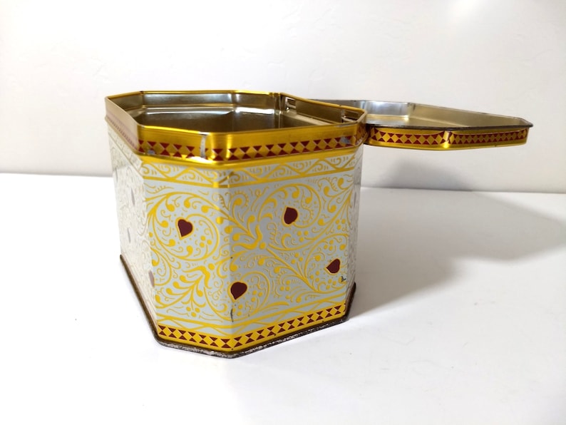 Vintage Heart Tin Hexagonal Metal Metalware Lidded Covered Gift Box Gift For Her Gold Red Love
