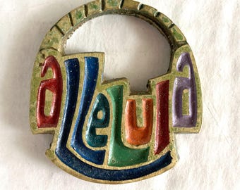 Vintage Terra Sancta Brass Pendant Alleluia Israel Modernist MCM Enamel Religious Jewelry Multicolor Catholic