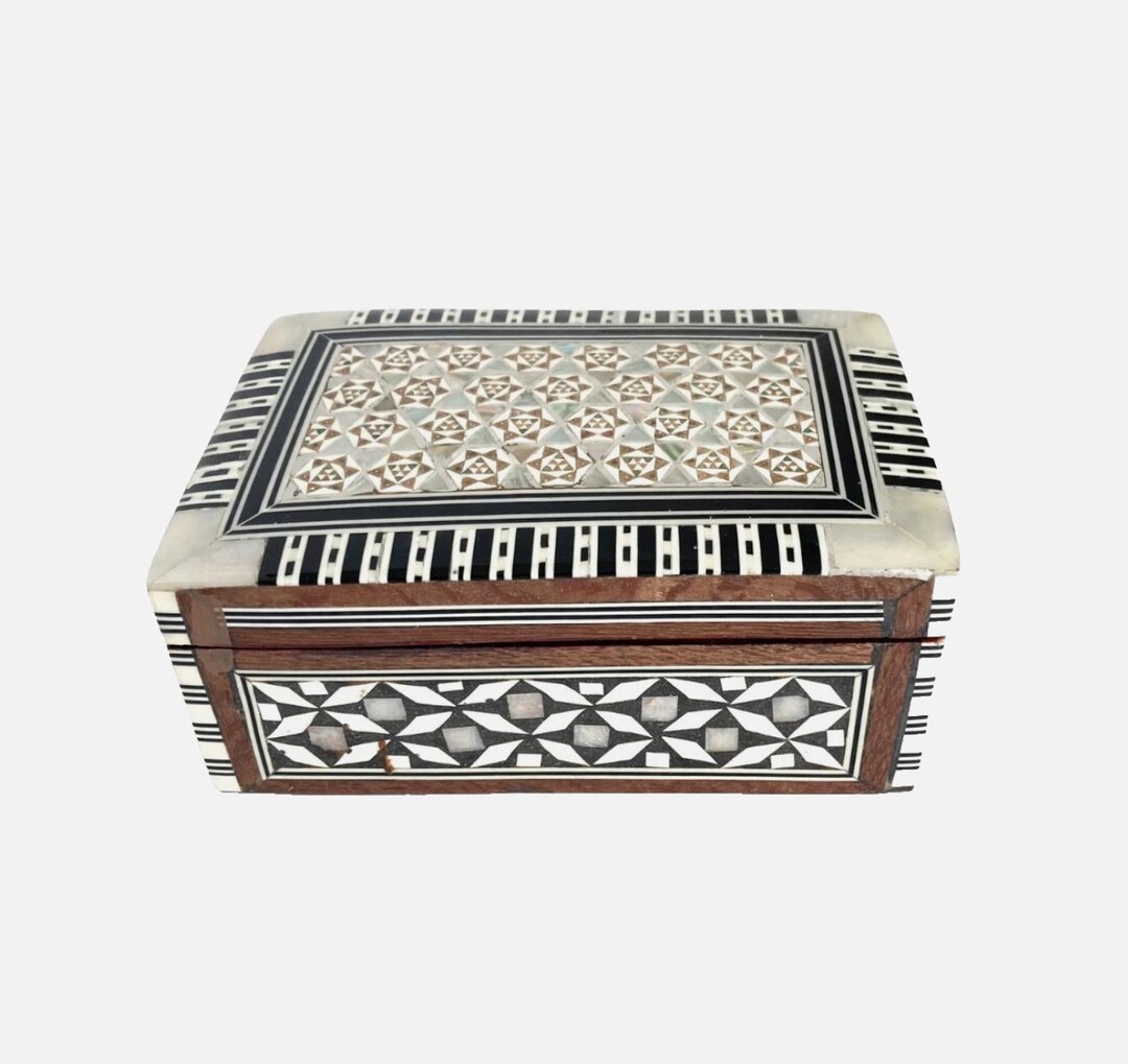 Vintage Mother of Pearl Inlay Wooden Box 5" Hinged Jewelry Trinket ...