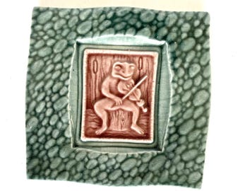 Vintage Artist Ceramic Decorative Tile L'esperance Tile Works Frog Playing Violin Green Wall Hanging