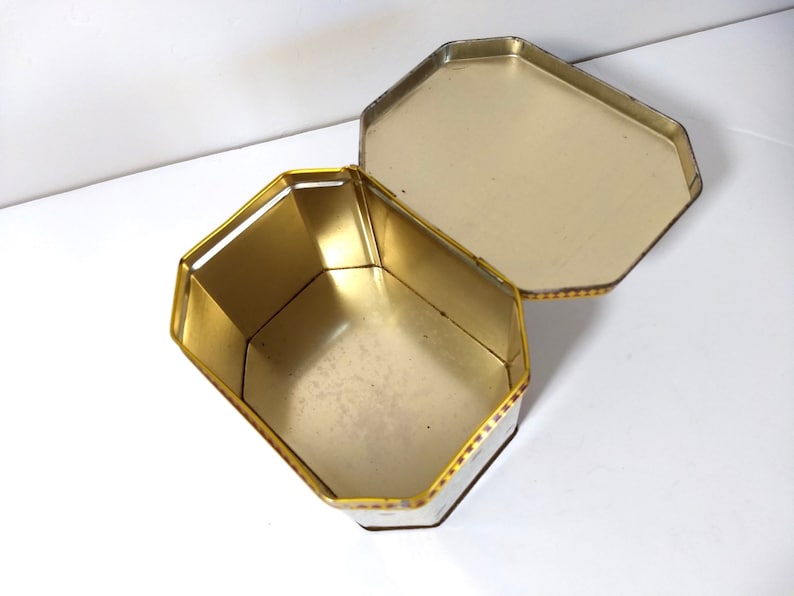 Vintage Heart Tin Hexagonal Metal Metalware Lidded Covered Gift Box Gift For Her Gold Red Love