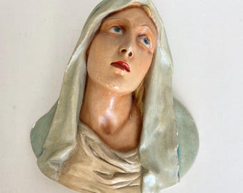Vintage Virgin Mary Chalkware Wall Hanging Lady of Sorrows Plaster Religious Christian Decor