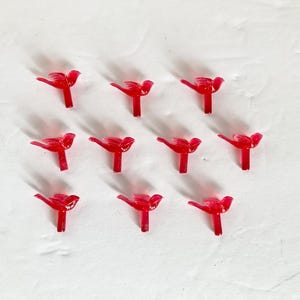 May include: Twelve red plastic bird ornaments for a Christmas tree. The birds are in a symmetrical pattern on a white background.