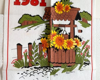 Vintage 1981 Felt Wall Calendar Birthday Birth Date Gift Colorful Wishing Well Flowers Year