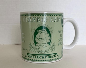 Vintage Garfield The Cat Mug O'Bank Of Erin One Lucky Buck Money Ceramic Coffee Cup