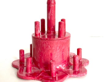 Vintage Hommer Red Marbled Thread Holder Bobbin Caddy Spool Storage Sewing Plastic Cover Lidded