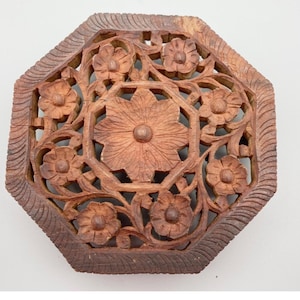 Vintage Hand Carved Wooden Trivet Hot Pad Floral Made in India
