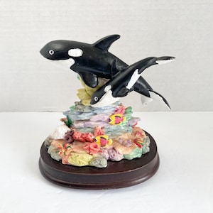 ヴィンテージ シャチ 母と子 置物 彫像 樹脂 サンゴ礁