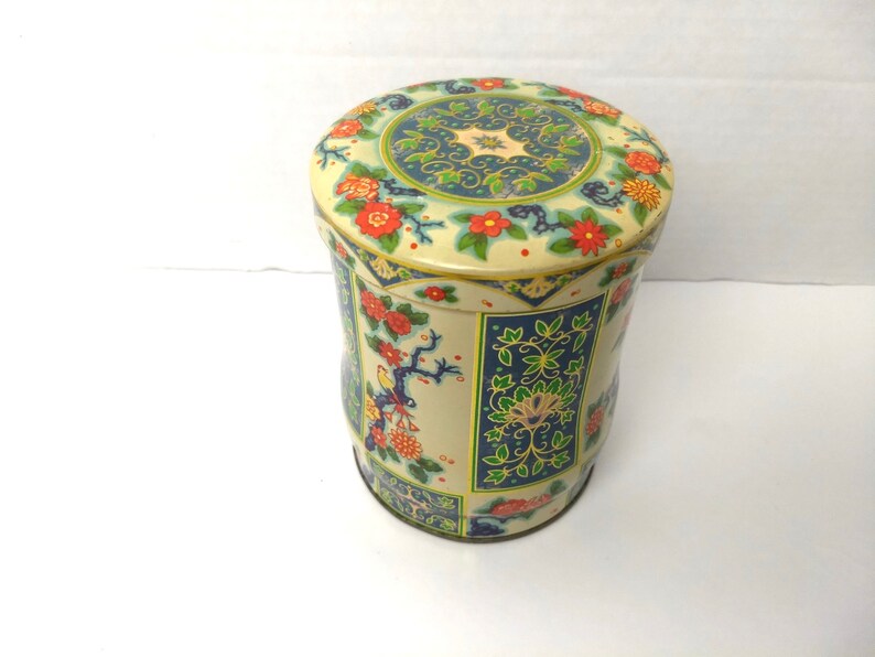 Vintage Floral Bird Tin Metal Metalware Made In England Gift Box Gift For Her Blue Green Red Gold