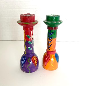 Vintage Hand Painted Wooden Candlestick Holders Colorful Wood Pair Set