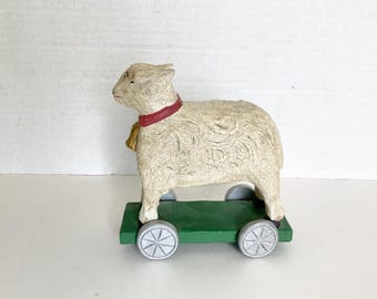 Vintage Jonathan Bastian Wood Carving Sheep Lamb On Wheels Figurine Primitive Toy Folk Art