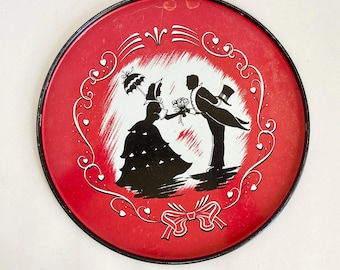 Vintage Decorative Serving Tray Romantic Couple Silhouette Metal Red Black Round Bow