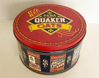 Vntage Quaker Oats Advertising Metal Tin Round With Lid 1983 Storage Container Kitchen Decor