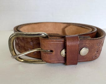 Vintage Sunrise Leatherworks Leather Tooled Belt And Buckle Branson Missouri Made in USA