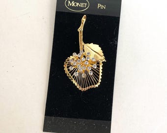 Vintage Monet Apple Brooch Pin Rhinestone Gold Tone Lapel Teacher Gift