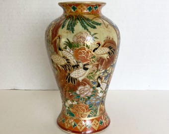 Vintage Chinese Porcelain Vase With Birds And Flowers Design Chinoiserie Style Decor Gold Painted