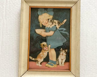 Vintage Wood Framed Print Little Girl Feeding Kittens Blue Dress Bow Blond Curls