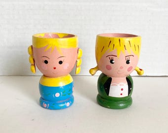 Vintage Wooden Egg Cups Set 2 Figural Character Wood Hand Painted Girls Pigtails Blonde
