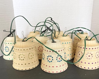 Set of Vintage Lawnware Style Small Hanging Lamps String Lights Beaded Plastic Jeweled Bell