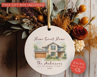 Custom Watercolor Home Ornament – Personalized New Home Gift, Our First Home Christmas Ornament with Free Gift Box