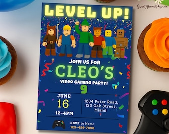 May include: A dark blue invitation for Cleo's video gaming party. The invitation features block-style figures and the text "LEVEL UP!" in yellow. Details include the date, time, and location, along with an RSVP contact.