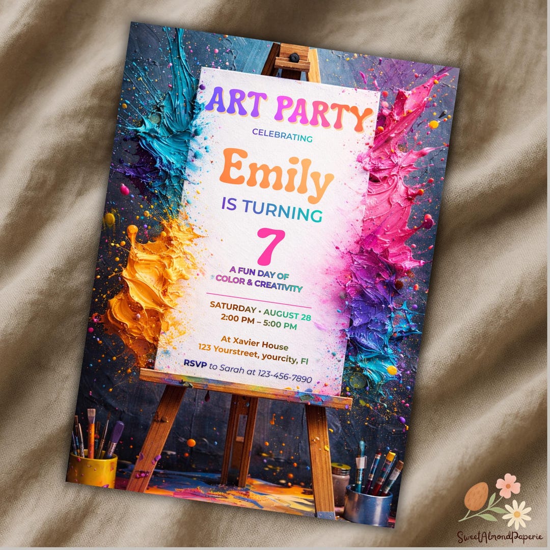 Editable Art Party Birthday Invitation, Colorful Paint Splash (canva ...