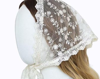 French Lace Embroidered Headscarf for Church, Prayer, Wedding, Modest Veil, Soft Acrylic Hijab Style Hair Cover
