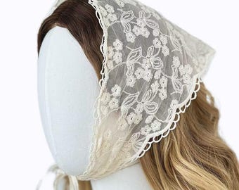 French Lace Embroidered Triangle Scarf, Sheer Floral Headscarf for Women, Elegant Boho Hair Tie, Lightweight Polyester Waist Belt