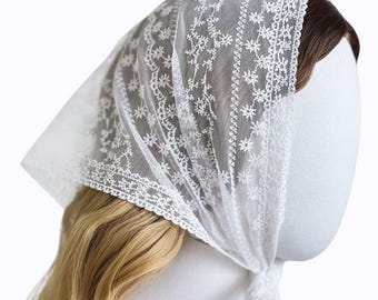 French Lace Head Scarf for Wedding Church Travel Picnic, Romantic Triangle Hair Scarf Head Covering Gift