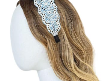 French Denim Embroidered Lace Headband for Daily Outfit, Brunch Date, Travel and Party, Romantic Chic Hair Accessory