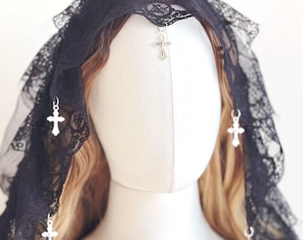 Gothic Lace Wedding Veil for Halloween Bridal Photos Church, Romantic Mantilla Shawl Head Covering