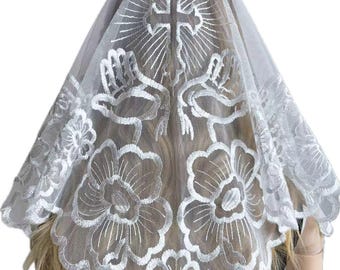 Cross Embroidered Lace Chapel Veil for Prayer and Mass, Elegant Church Head Covering Mantilla for Religious Ceremony