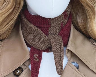 New! Hand-knit Sophie scarf with custom monogram embroidery—an elegant office accessory and personalized gift for someone special.