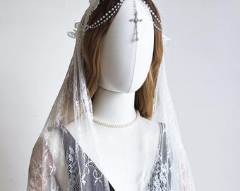Gothic Cross Pearl Lace Veil for Halloween Cosplay and Haunted Bride Costume, Elegant Ghost Headpiece for Horror Party or Role Play