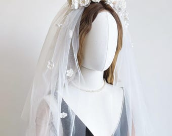 Handmade Flower Bud Bridal Veil with Floral Crown Headpiece, Romantic Tulle Wedding Accessory for Bride, Photography or Ceremony Look
