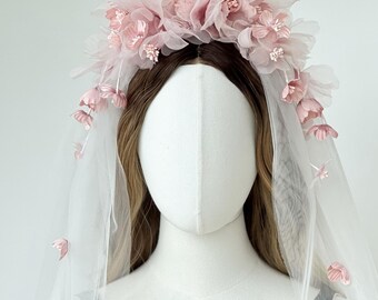 Pink Floral Double Layer Bridal Veil, Handmade Garden Flower Crown, For Romantic Brides