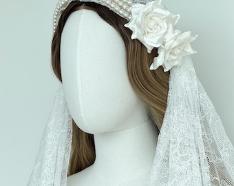 French Beaded Lace Juliet Cap Veil, Satin Flower Detail, For Romantic Brides