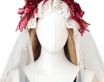 Gothic Rose Bridal Veil, Victorian Wedding Ceremony Headpiece, Romantic Flower Lace Veil