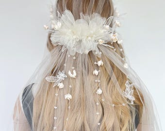 Vintage Beaded Floral Lace Bridal Veil, Romantic Garden Wedding Headpiece, Handmade Wedding Hair Accessory for Bride