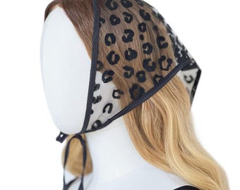 Leopard Velvet Flocked Triangle Headscarf with Tulle Lace Veil for Party, Festival, Photoshoot, Vintage Outfit