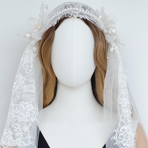 French Lace Juliet Cap Veil, Hand Beaded Floral Design, For Romantic Brides