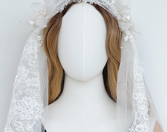 French Lace Juliet Cap Veil, Hand Beaded Floral Design, For Romantic Brides
