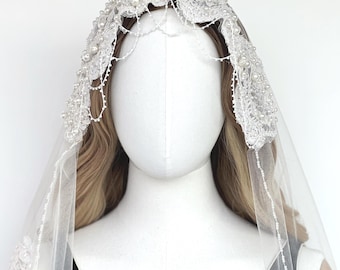 French Champagne Juliet Cap Veil, Hand-Beaded Pearl Lace, for Romantic Vintage Brides