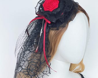Gothic Lace Rose Mini Hat Veil, Handmade Halloween Headpiece, For Women