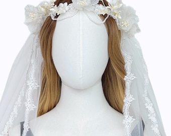 French Floral Crown Lace Bridal Veil for Garden Wedding, Double Layer Handmade Bridal Headpiece