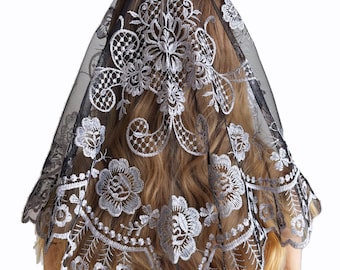 Embroidered Floral Lace Church Veil Mantilla, Elegant Chapel Prayer Head Covering, Catholic Mass Scarf Wrap for Christian Worship