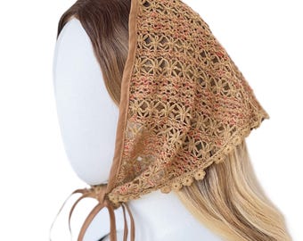 Vintage Crochet Lace Triangle Headscarf for Festival, Beach, Photoshoot, Boho Outfit, Multiwear Shawl Belt Wrap