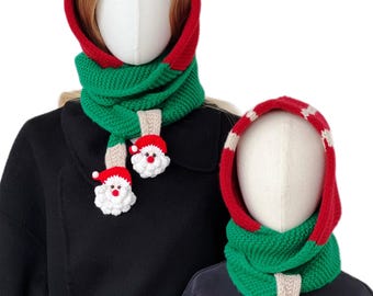 New! Hand Knit Christmas Wool Sophie Hood, Santa Festive Design, Mommy and Me Matching Set