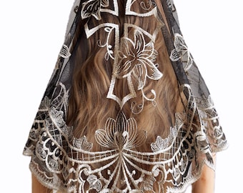 Gold Embroidered Cross Lace Chapel Veil for Church Prayer, Elegant Mantilla Head Covering for Mass and Religious Ceremony