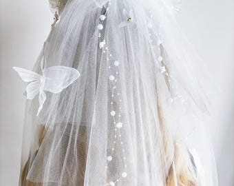 French Handmade Angel Beaded Petal Tassel Veil for Wedding Ceremony, Bridal Photoshoot, Elopement Headpiece